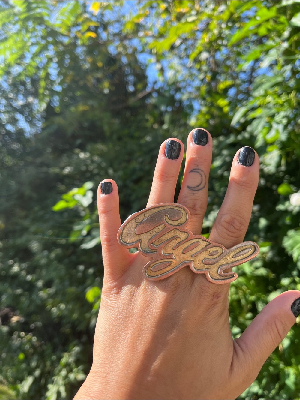 Upcycled Angel Script Statement Ring - Picture 3 of 3